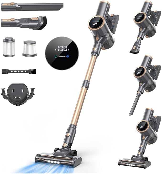 N12S Cordless Vacuum Cleaner, 30KPa Powerful Vacuum with 60 Mins Runtime, Self-Standing, LED Display, Rechargeable Lightweight Handheld Vacuum Cleaners (Grey)