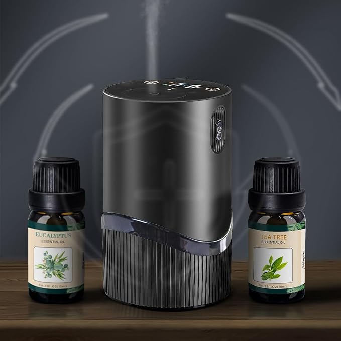 Waterless Essential Oil Diffuser -Aroma Diffuser, Portable Smart Scent Air Machine 1/2/3 & Continuous Mist, Anti-TIPP, Timer Setting and Auto-Off Function, (Black