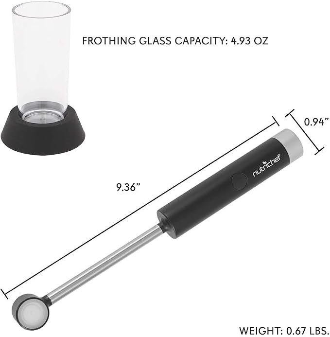 Portable Electric Ultrasonic Drink Frother - Battery Operated Handheld Beer Foam Maker Machine w/Stainless Steel Wand, 4.93 oz Glass - for Coffee, Milk, Cappuccino Latte - NutriChef PKBRFM32 (Black)