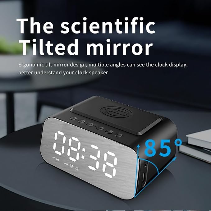 Wireless Charging Clock Radio with 15W Fast Charging, Bluetooth 5.1 Speaker, Dual 5W Stereo Sound, LED Display, AUX-in, and Payment Notification for Home & Office, BT510 White.