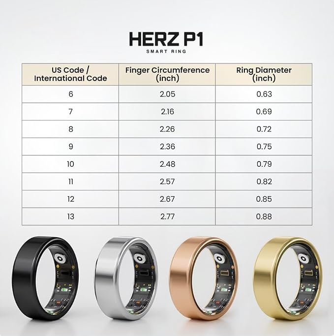 Herz P1 Smart Ring for Women & Men - (Size 12) 24/7 Health Metrics Fitness Ring, Tracks 20+ Biometrics, 6 Day Battery Life, Waterproof Stainless Steel, Free APP for iOS Android, No Subscription