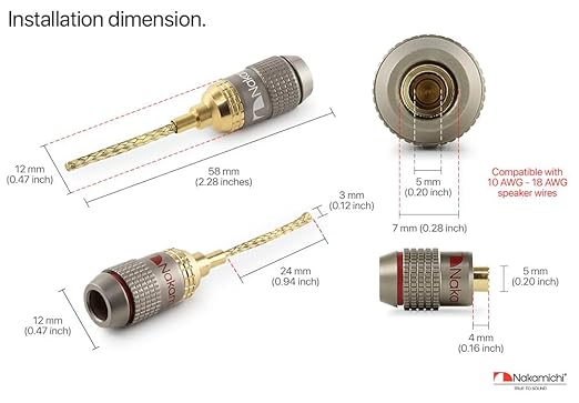 Nakamichi FanLock Excel Series 24k Gold Plated 2mm Flex Pin Banana Plugs 10 AWG - 18 AWG Gauge Size for Spring Clip Terminal Speakers Amplifier Hi-Fi Wire Cable Quick Connector, 12 Pcs (6-Pairs)