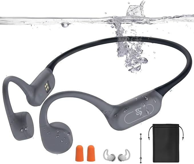Bone Conduction Headphones IPX8 Waterproof Swimming Headphones Open Ear Headphones with MP3 Mode 32GB Memory 8H Playtime Bluetooth 5.4 Ear Buds Secure Fit for Running and Fitness (Gray)