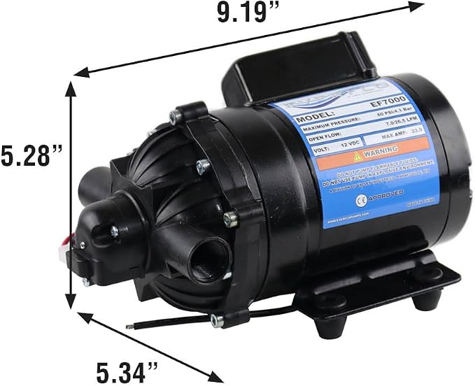 Everflo EF7000-BOX 7.0 GPM 12V Diaphragm Pump-1/2 FNPT Ports, Black