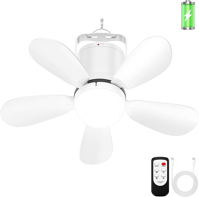 Battery Operated Ceiling Fan Light, Portable Ceiling Fan with Remote, Wireless Rechargeable Gazebo Fan Light for Outdoor, for Tent Porch Patio Camping Canopy Chicken Coop Outside