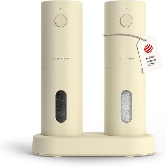 LARS NYSØM Electric Salt and Pepper Grinder Set, USB Rechargeable, Automatic Salt and Pepper Mills, Spice Shakers Refillable with LED Light, Adjustable Coarseness, Ceramic Grinder (Butter Cream)