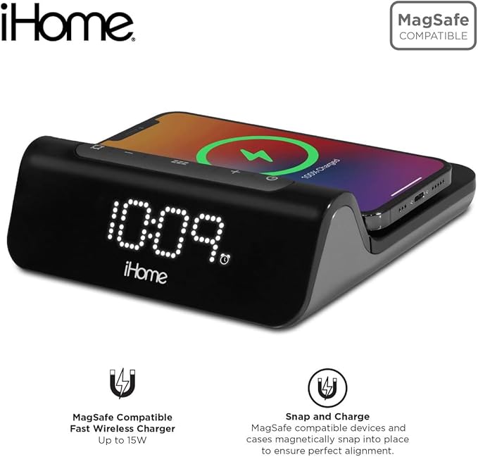 iHome 3-in-1 Magnetic Fast Wireless Charging Clock for Magsafe Enabled Devices, USB-C and USB-A Charging, 25W Total Power Output (iW23)