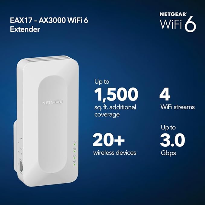 NETGEAR WiFi 6 Range Extender (EAX17) - AX3000 Dual-Band Wireless Signal Booster & Repeater (up to 3.0 Gbps Speed) - Add up to 1,500 sq. ft., 20 Devices (Renewed)