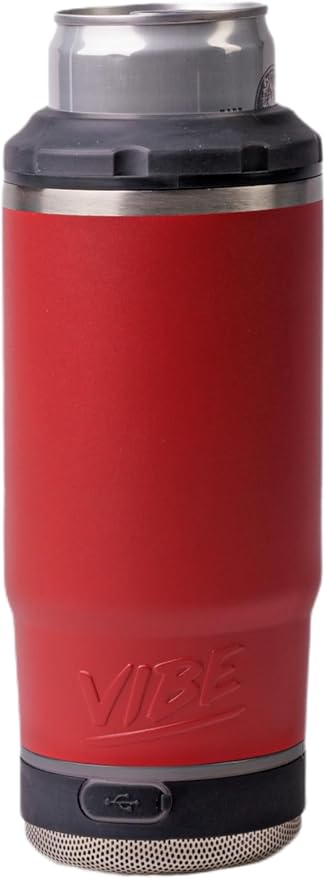 Vibe 4 In 1 Chill and Brew Bluetooth Speaker Cup, Insulated Can and Bottle Holder for Hot or Cold Drinks, Double Wall Stainless Steel Drinkware, Fits 12 oz Cans or 14 oz Liquid, Red