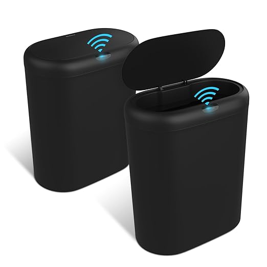 Naisu 4 Gallon Automatic Sensor Trash Can with Lid, 2 Pack Sealed Slim Design Waterproof Bathroom & Kitchen Garbage Bin, Motion Sensor Technology, Ideal for Small Spaces (Black)
