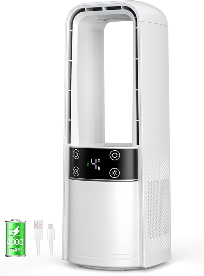 Desk Fan Bladeless, 120° Oscillating Fan Rechargeable, Quiet Fan with Night Light, Smart LED Touch Control, 4 Speed & 9H Timer, Small Table Fan, Auto Display Off, Ideal for Home, Office, Study Room