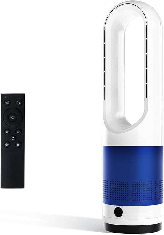 NEWBULIG 22" Bladeless Tower Fan for Bedroom, 80°Oscillating Quiet Fan, 8 Speeds, 9H Timer, Remote Control & LED Display, Portable Design, Easy to Clean for Home, Office, Blue&White