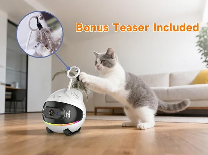 Pet Camera Robot with Cat Teaser: Battery-Operated, Movable with Phone App, 2-Way Talk, Video/Photo, Night Vision