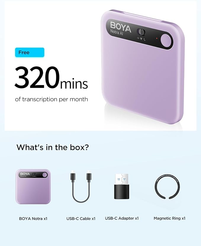 BOYA Notra AI Voice Recorder,Ambient/Phone Call/Bluetooth Capture, AI Transcription&Smart Summary, Support 140+ Languages, 64GB Storage, Magnetic Note Taker for Meetings,Lectures,Interviews(Purple)