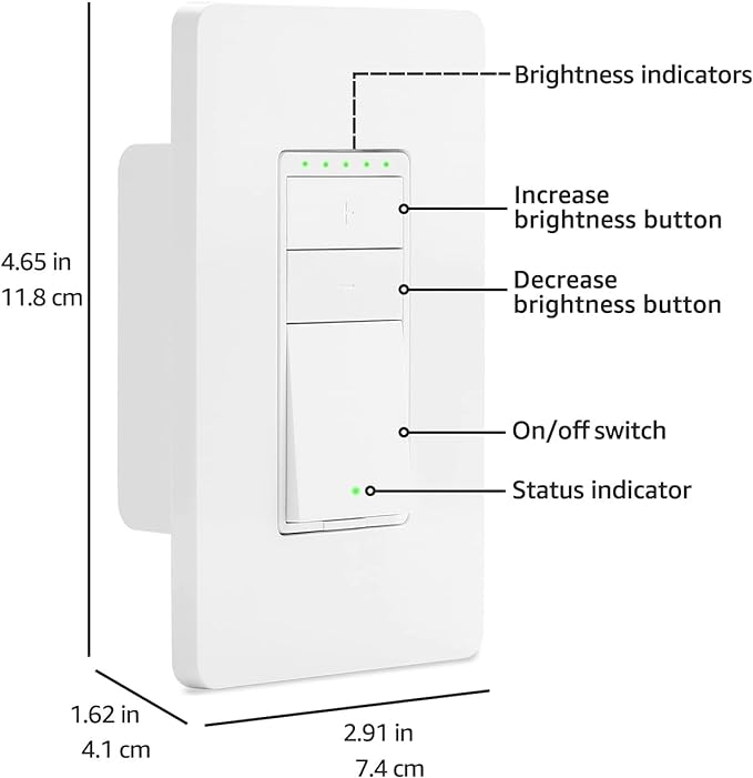 Amazon Basics Smart Dimmer Switch, 3-Way, Works with Alexa Only, Voice Control, Wi-Fi Light Switch, Schedule, 2.4 GHz Wi-Fi, No Hub Required, White