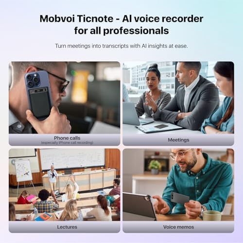 Mobvoi TicNote AI Voice Recorder & USB Charger, 64GB Memory Note Recorder w/Case App Control 120+ Languages Transcribe Summarize with AI Shadow Digital Audio Recorder