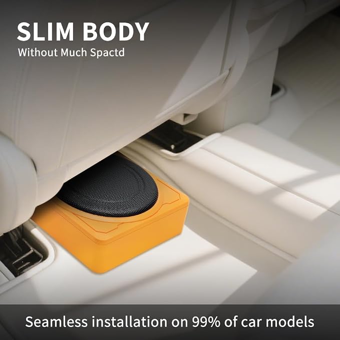 Junsun Slim Under-Seat 10″ 800W Powered Car/Truck Subwoofer & Amp Combo – 220W RMS, Built-in Amplifier, High/Low Input, with Wire Mounting Kit (Vibrant Orange)