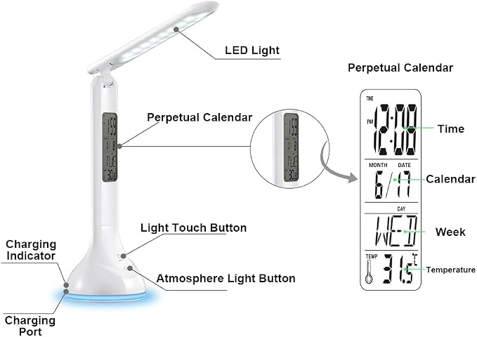 IHAO 7-Color Gradient Ambient Desk Lamp with LED Display Eye-Caring LED Table Lamp with Calendar, Temperature Display, Multi-Angle Adjustable Modern Office Lamp for Home & Office T19A White