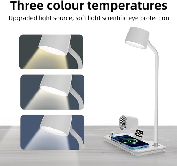 IHAO Smart LED Desk Lamp with Wireless Charger & Bluetooth Speaker, 15W Fast Charging Station for Phone & Earbuds Touch Control 3 Light Modes Alarm Clock Adjustable Eye-CareTable Lamp-HYT1772 Black