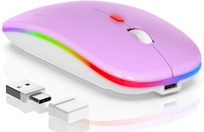LED Wireless Mouse - RGB Rechargeable Bluetooth Wireless Mouse for MacBook Pro Air Mac iPad PC Laptop, Silent Optical USB C Mice with Jiggler Mouse Mover for Keep Computer Awake - Purple