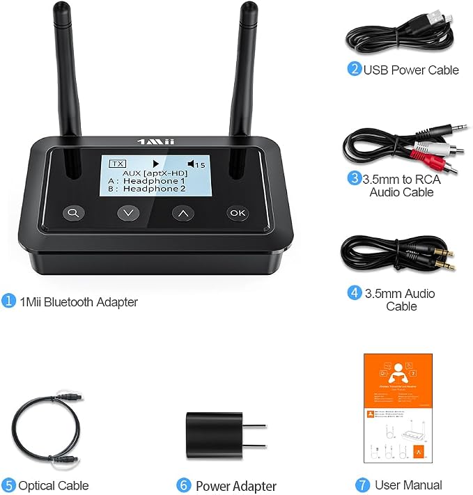 1Mii B03+ Bluetooth 5.3 Transmitter Receiver for TV Home Stereo, aptX Low Latency & HD & Adaptive, Dual Link, Wireless Audio Adapter with Screen, Optical, RCA or AUX 3.5mm Port, Soundbar Passthrough