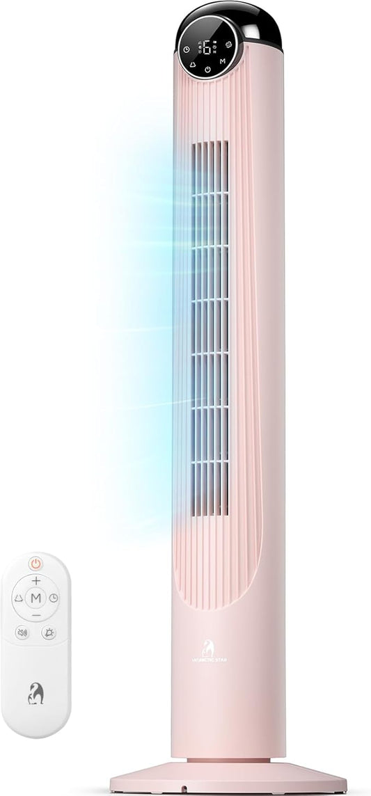 Antarctic Star T42 Tower Fan-42 Inch, Bladeless Oscillating Fan with Remote, 6 Speeds & 4 Modes, LED Display, 9H Timer, Quiet Floor Standing Fan for Bedroom Living Room Office, Pink