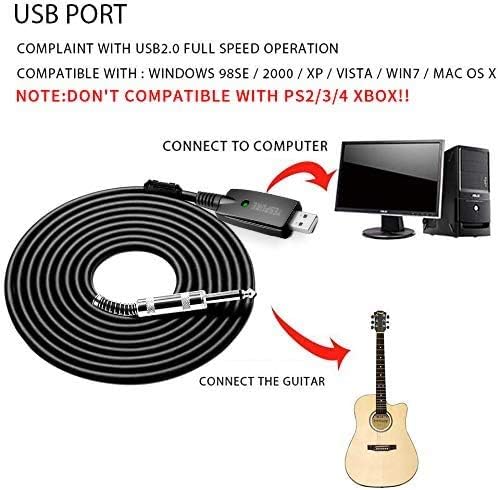 USB Guitar Cable Connect Guitar to Pc for Musical Instruments USB Interface Male to 6.35mm 1/4" Ts Electric Guitar Connector Instrument Cable for Recording 2.8m/9.2ft