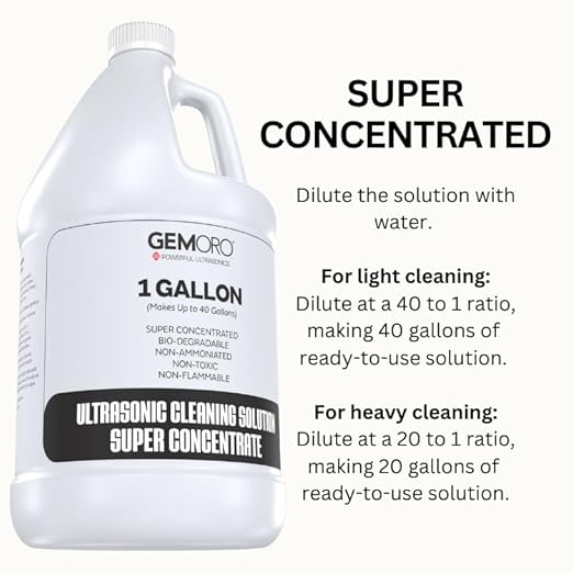 GemOro Jewelry Cleaner Solution Concentrate | For Ultrasonic Machines | Professional Performance Cleans Rings Watches Glasses Earrings (1 Gallon)