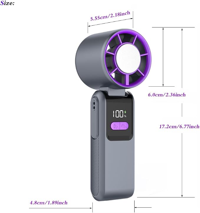 Portable and Foldable 3 in 1 mini ICE-Cooling high speed Turbo fan, 9W Led digital display of 1~199 levels wind speed and power,Brushless motor, Rechargeable dual colors housing(Grey and Purple)