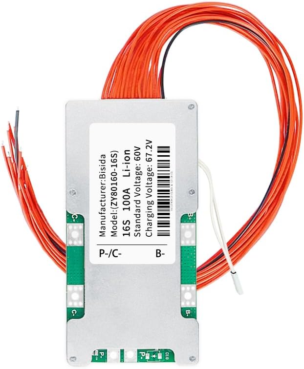 16S BMS 60V 100A Li-ion PCB Protection Board with Balance Wire and NTC,Ten Functional protections, Common Port, for Solar Energy Storage, Balance Car Lithium-ion Battery Pack (16S 60V 100A)