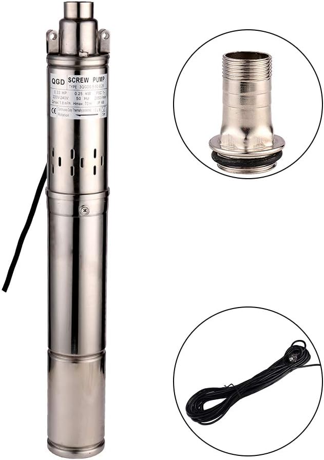 Submersible Deep Well Pump 3" OD Pipe 1" Outlet 0.25KW 0.33HP Stainless Steel Submersible Screw Water Pumps for Industrial and Home Use