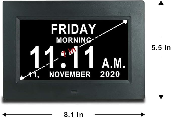 TMC 7 Inch Digital Clock with Day and Date for Elderly - 12 Alarm Options, Auto-Dim, Age Seniors,Elderly, Alzheimer