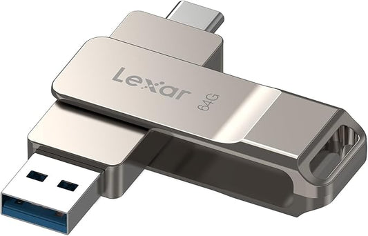 Lexar D40E 64GB Dual USB 3.2 Gen 1 Type-C Jump Drive, USB-C Flash Metal Housing Swivel Design Thumb Drive (Champagne Silver)