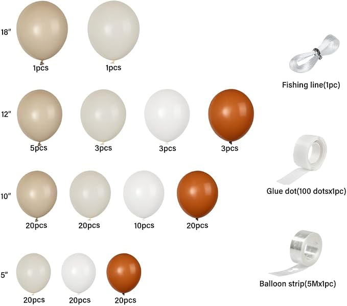 Restaurantware-Balloonify Balloon Garland Set, 1 Party Decoration Kit - 146 Balloons, With Chain, Brown, Beige, & White Latex Balloon Arch Kit, Includes Glue Dots, And Fishing Line