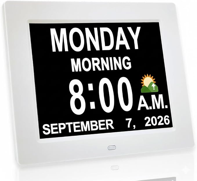 JALL 8" Large Digital Calendar Day Clock for Seniors 2026 - Easy to Read Alzheimer's Dementia Memory Loss Clock for Elderly with IPS Wide Angle，Day & Date, 12 Custom Alarms & Auto-Dimming, White