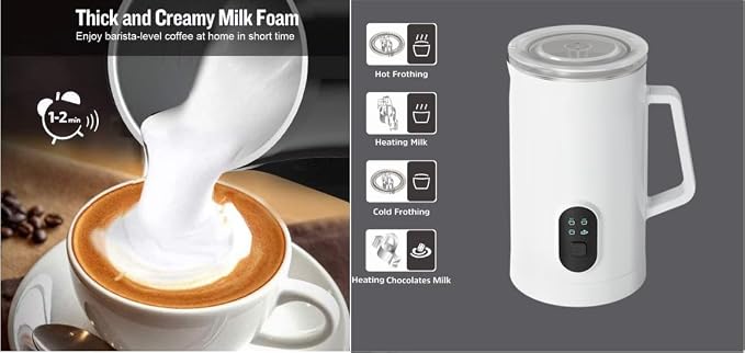 Milk frother, 4 in 1 milk frother with heating function, 580ml/19.6oz Automatic hot and cold coffee foamer, Latte, Cappuccino, Macchiato, Hot Chocolate, milk steamer with temprature control (1, White)