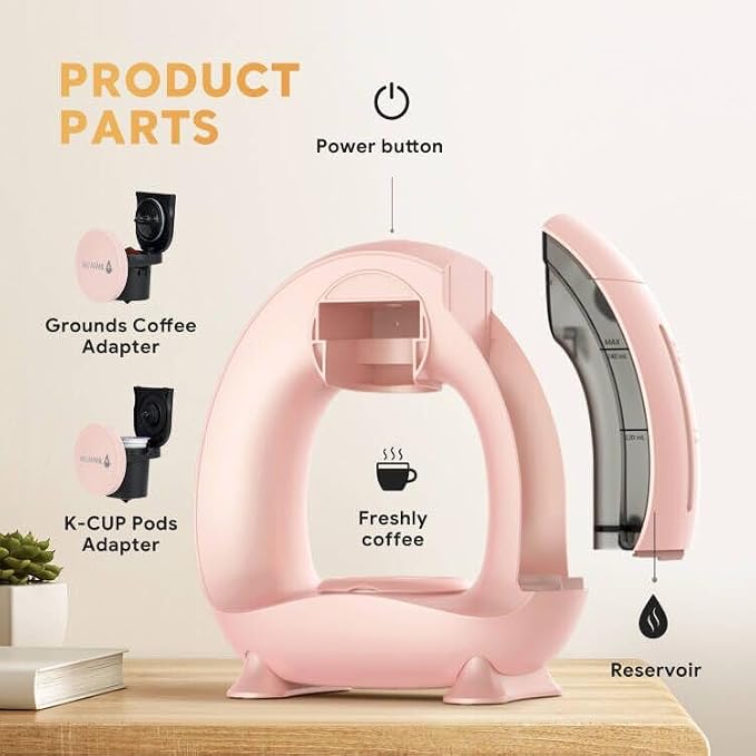 Single Serve Coffee Maker For K Cup Pod and Coffee Grounds /Tea, Fast Brew in 2 minutes, 2 IN 1 One Button Coffee Machine 4-8 Oz Brew Sizes, Stylish＆Compact For Home, Office, RV and Dorm, Pink