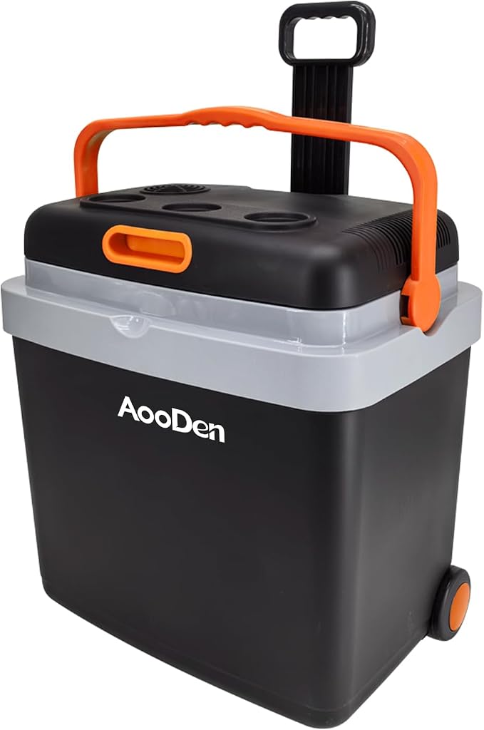 Electric Car Cooler and Warmer 35 Quart(33 Liter) Capacity with Draw bar and Wheels, Thermoelectric Iceless Cooler for Travel, Camping, Vehicles, Truck, Home - 12V DC and 120V AC