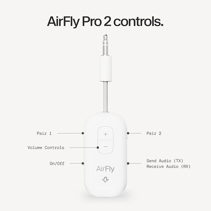 AirFly Pro 2 – Bluetooth Adapter, Pair 2 AirPods or Wireless Headphones – 3.5mm AUX Bluetooth Transmitter and Receiver for Cars, Boats, Treadmills, TVs & More – Travel Essentials,White