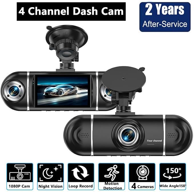 4 Channel Dash Cam Front and Rear Inside, 360° View 1080P Dash Camera for Cars, Super Night Vision, Gravity Sensor, Loop Recording, WDR, 24H Parking Mode, WiFi & APP Control, with 64GB Card