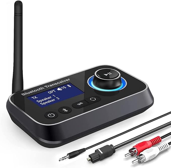 Bluetooth 5.3 Transmitter Receiver for 2 Headphones 3-in-1 Audio Adapter with Bypass Low Latency LCD Display ON/OFF Switch Volume Control Optical AUX RCA for Headphone Speaker TV Home Stereo
