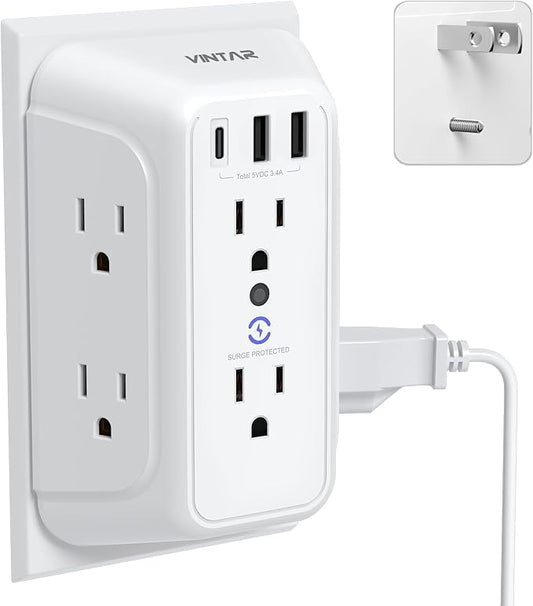 2 to 3 Prong Outlet Adapter, VINTAR 6 Outlet Extender with 3 USB Ports (1 USB C), 2 Prong Power Strip, Polarized Plug, 3 Sided Wall Charger Surge Protector, Multi Plug for Non Grounded Outlets