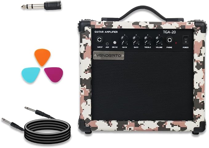 Electric Guitar Amplifier Camo Pixel Color 20W Guitar Amp Portable Practice 6.5Inch Speaker Input Jack Aux Drive Gain Bass Treble Volume Headphone Multi Function Suitable for Beginner Starter