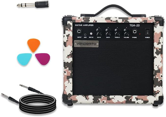 Electric Guitar Amplifier Camo Pixel Color 20W Guitar Amp Portable Practice 6.5Inch Speaker Input Jack Aux Drive Gain Bass Treble Volume Headphone Multi Function Suitable for Beginner Starter
