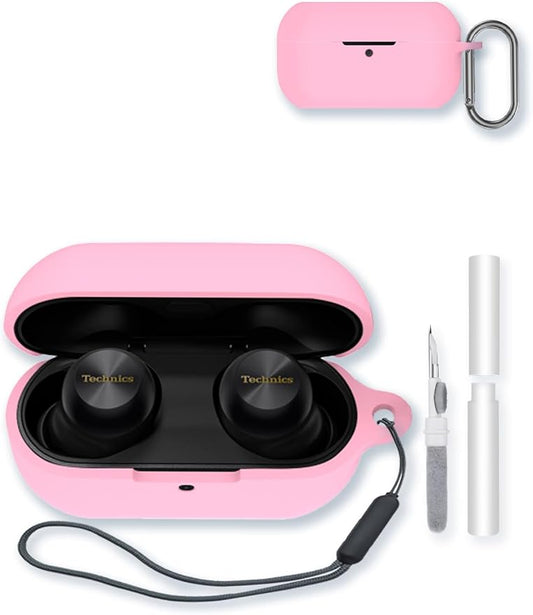 Case for Technics EAH-AZ100 Wireless Earbuds,Soft Protective,BOVUGAC Silicone Case Cover with Keychain & Cleaning Kit & Lanyard for Technics EAH-AZ100-Pink