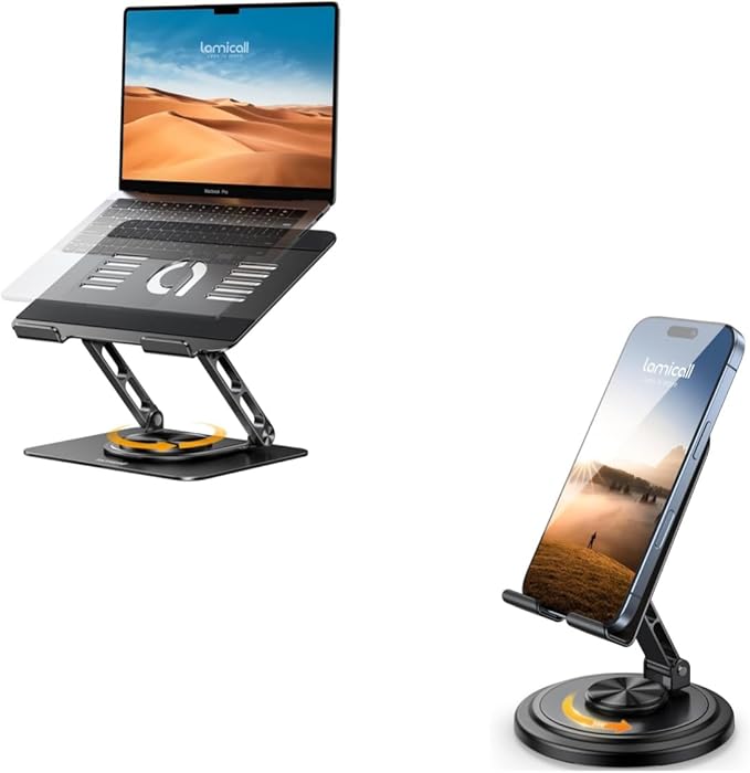 Lamicall Laptop Stand for Desk with 360 Rotating Base + Sturdy Adjustable Phone Stand for Desk