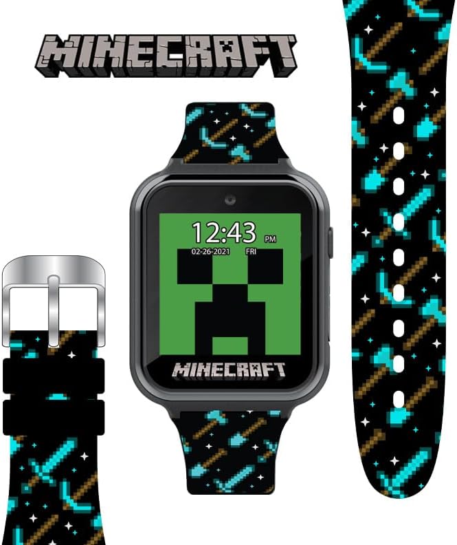 Minecraft Kids Smart Watch - Interactive Touchscreen with Games, Camera, Step Counter, Alarm, Timer, Voice Recorder, and Cool Minecraft Silicone Strap - Fits Wrists 5.5" to 8.0"