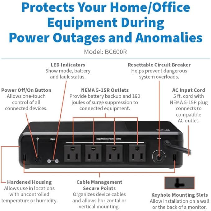 Tripp Lite 600VA UPS Desktop Battery Backup and Surge Protector, 300W, 4 Outlets, Home & Office UPS, Small Form Factor, Wall Mounting Option, 5ft Cord, 3-Year Warranty (BC600R)