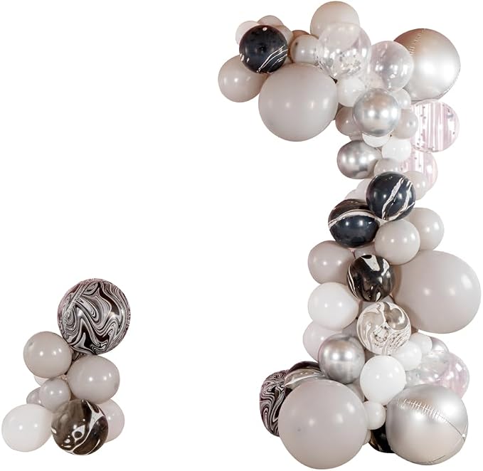 Restaurantware-Balloonify Balloon Garland Set, 1 Party Decoration Kit - 102 Balloons, With Chain, Gray & Metallic Silver Latex Balloon Arch Kit, Includes Glue Dots