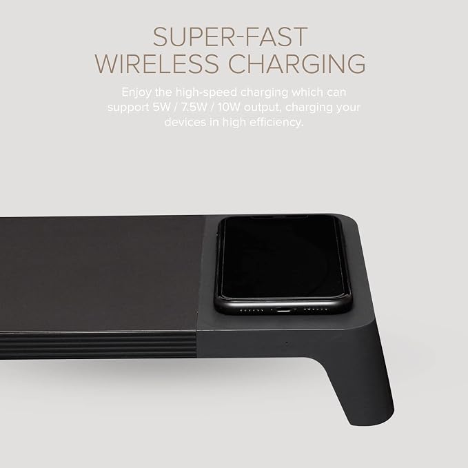 POUT E8 Wood Desk Monitor Computer Stand Riser Shelf + USB HUB + Qi Fast Wireless Charging Charger Pad Mat for Laptop, Apple, iMac, PC, iPhone, Samsung Galaxy, Airpod 2, Buds (Black)